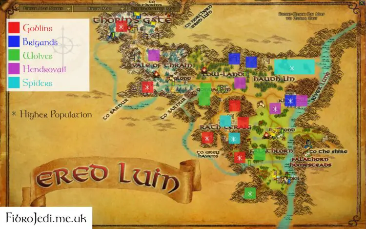 LOTRO Ered Luin Slayer Deed Map (updated 2018) - find Goblins, Brigands, Wolves, Hendrovail and Spiders