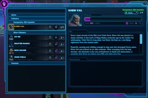 Companions and Contacts Panel shows all available companions and their current influence rating