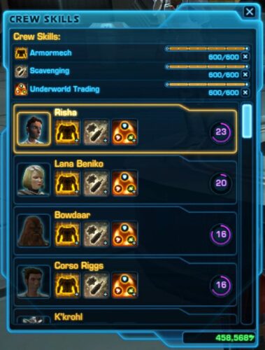 The Crew Skills Panel in SWTOR also shows your companions ordered by highest to lowest influence