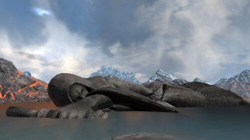 A huge Jedi Statue lies fallen in Water