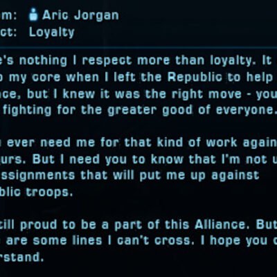Aric Jorgan is loyal but will not fight the Republic