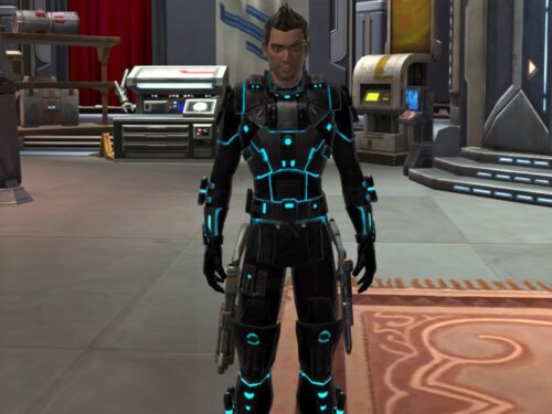 Theron Shan shows off the Blue Scalene gear from the Relics of the Gree Event in SWTOR