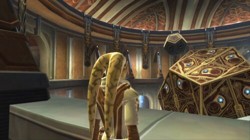 Talitha'koum inside the Jedi Temple on Tython, admiring the levitating structure