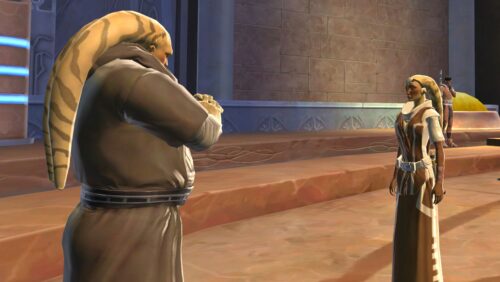 Talitha speaks to a Jedi Master in the Temple library on Tython