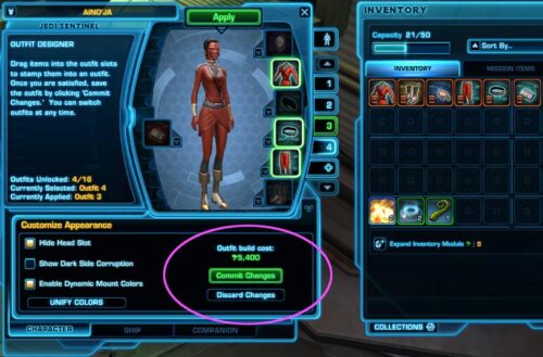Creating an Outfit in SWTOR incurs a credit cost per item changed