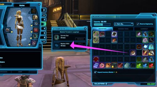 To dye an item in an outfits slot, drag the dye from inventory into the space in the Stamp Dye dialog