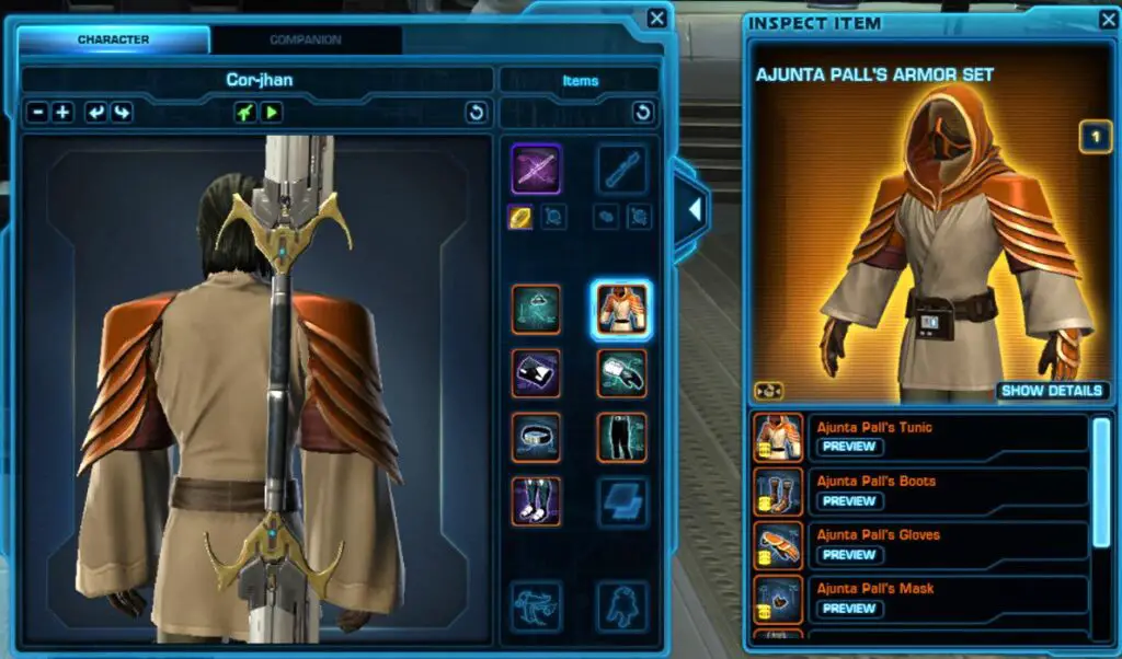 Rotate your SWTOR character to see the outfit or gear from behind