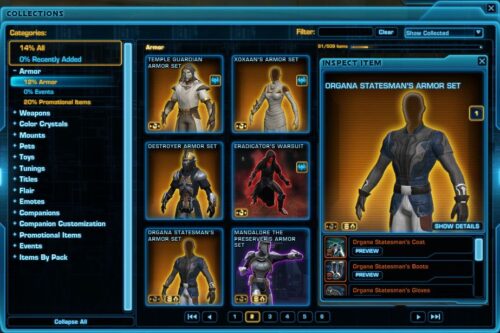 Use the Show Items button when previewing clothing from the SWTOR Collections Panel