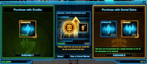 Unlock extra outfit slots with credits or SWTOR Cartel Coins