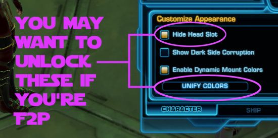 You can unlock Unify Colors and Hide head slot for use in the character panel