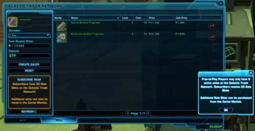 SWTOR Free-to-Play Players can only sell 2 items at once on GTN