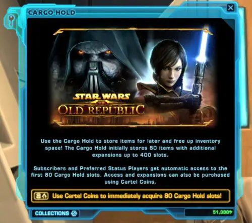 No Cargo Hold or Ship Locker until you have 80 Cartel Coins in SWTOR