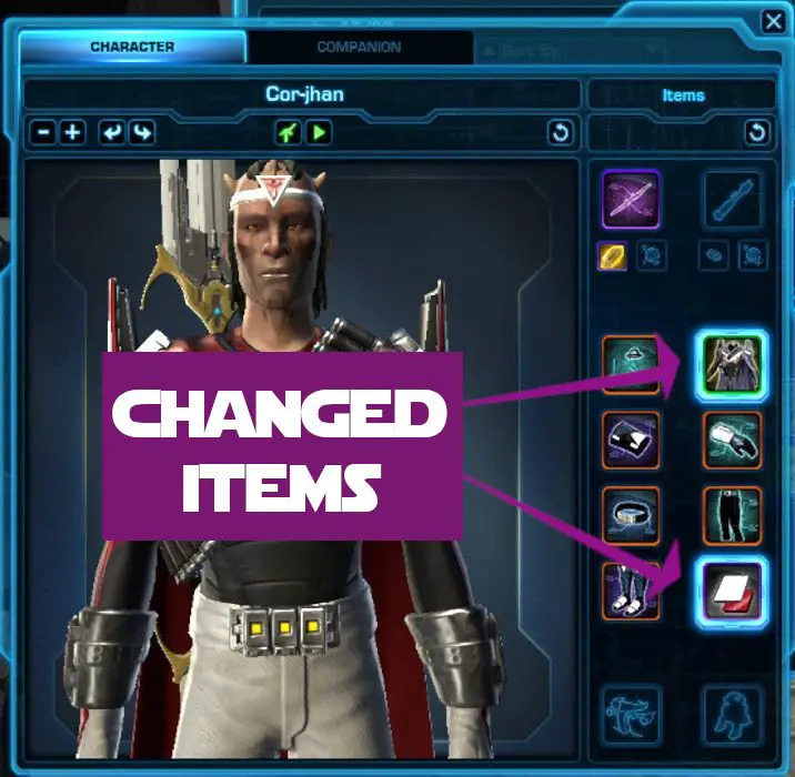 Changed items are highlighted in the preview window in SWTOR