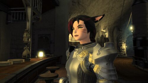 My FFXIV Miqo'te in heavy plate armour