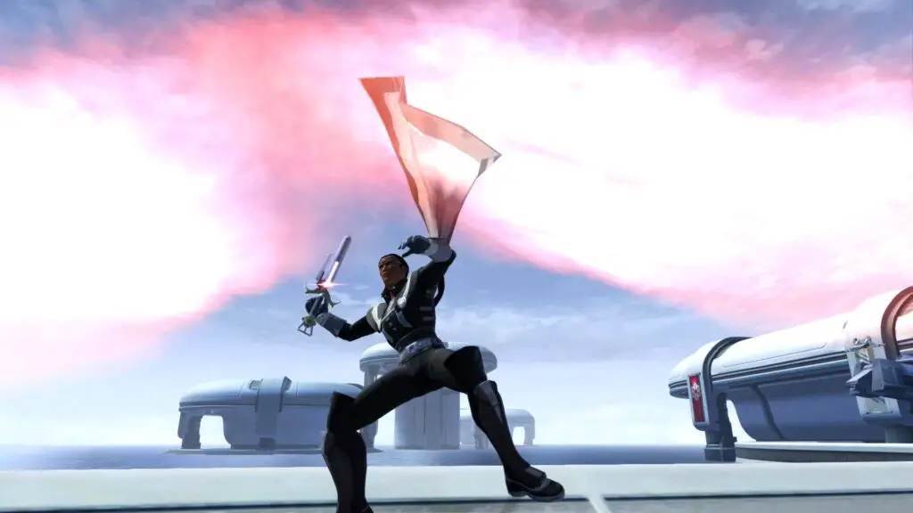 The full Sith Warrior outfit, mid-swing!