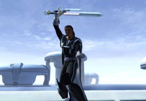 Swinging the sword over the Sith Warrior's head before taking a foe down