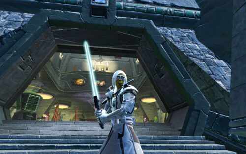 A Jedi Guardian in a white outfit/gear