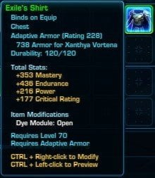 Exile's Shirt from Ossus is an alternative to Conquered Exarch's Meditation Robe in SWTOR