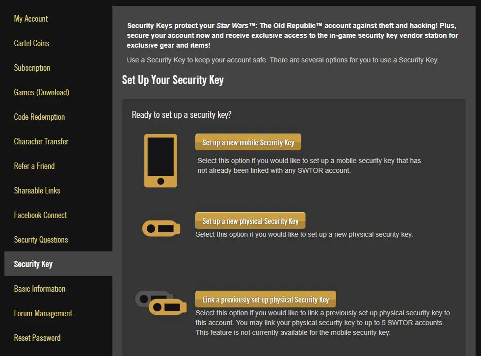 The Security Key Section of the SWTOR Website