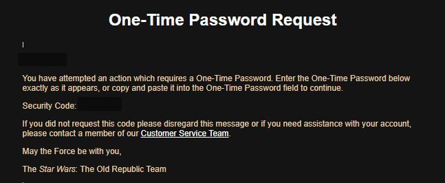 SWTOR will send you a one-time password by email