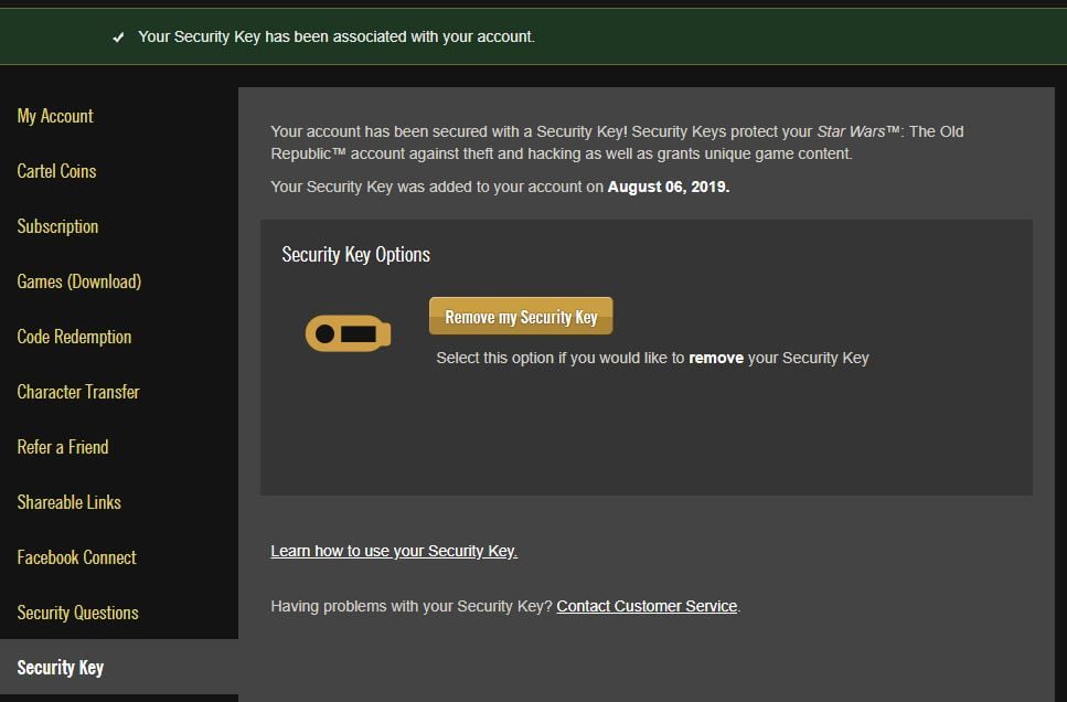 Confirmation that you've successfully set up a SWTOR Security Key!