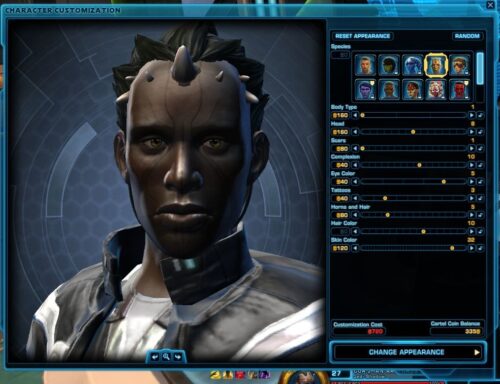 Example of options for customising your character's appearance
