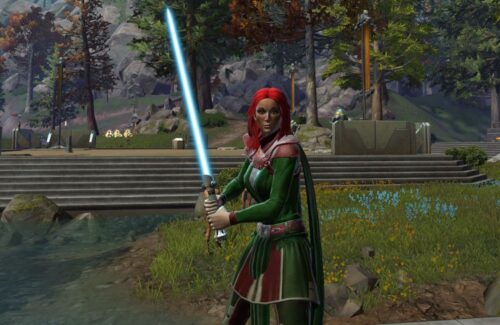 Mara Jade's Jedi Outfit with blue-bladed Lightsaber