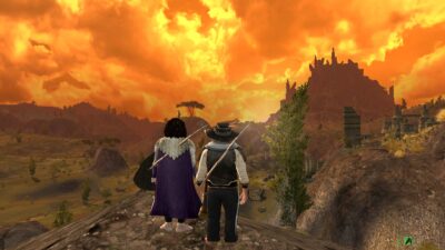 StopAndStare - Myrlas and Lamuna in a deep Orange Dusk over the Lone Lands in LOTRO
