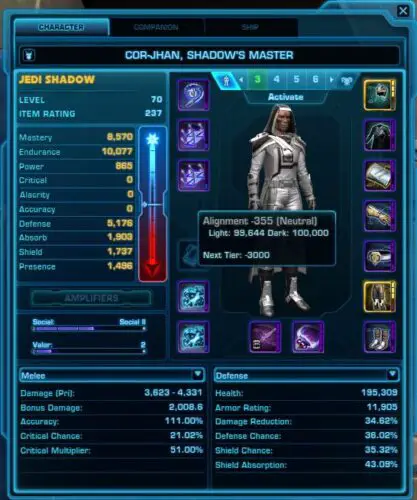 You can find your Force Alignment in SWTOR from the Character Panel