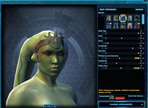 Showing example Twi'lek Skin Colour in the Modification Station UI