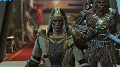 Cor-Jhan with Jakarro and C2-D4 as companions in SWTOR's Onslaught