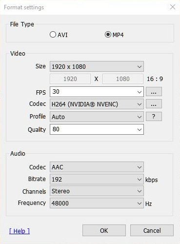 Example mp4 Settings in Bandicam Free