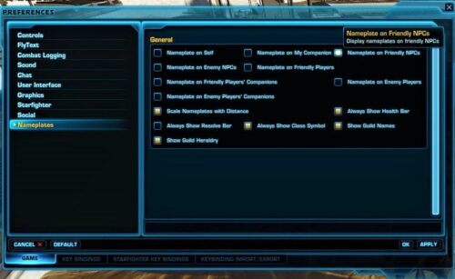 How to show Nameplates on Friendly NPCs in SWTOR Settings