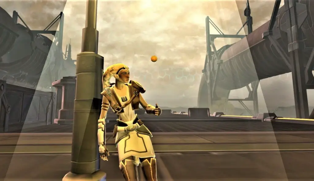 Talitha'koum leaning against a lamppost in the Corellia Flashpoint in SWTOR
