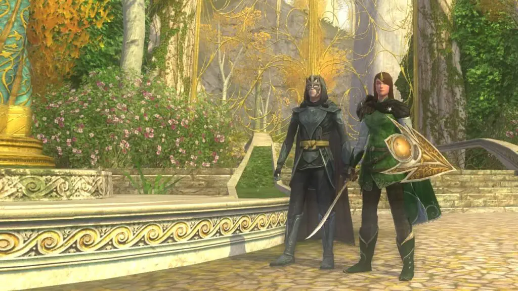 LOTRO Guardian in this Elven-style outfit for Race of Man - Stoic Pose emote outside Caras Galadhon