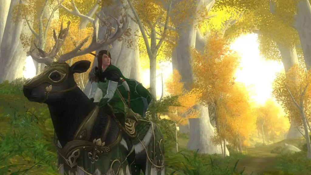 Here's my Elven Outfit for a Woman in LOTRO, riding the Elk of the Spring Wood