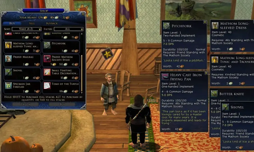 Cosmetics for LOTRO outfits may be acquired from reputation vendors (this is the Mathom Society vendor)