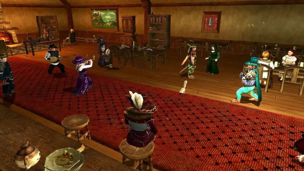 LOTRO players socialising in the Bird and Baby Inn