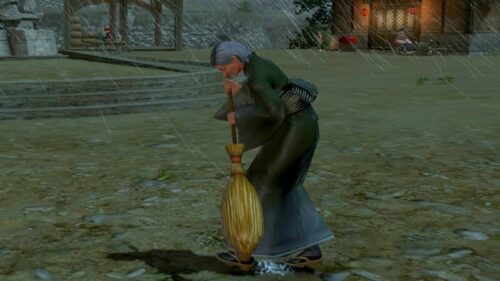 A woman sweeping outside, in the rain in Doma (FFXIV)