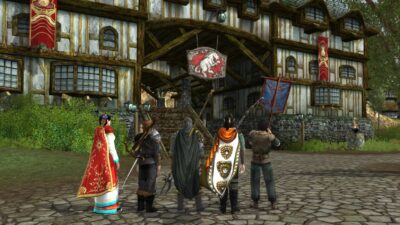 A fellowship I made of my own characters outside the Prancing Pony in Bree.