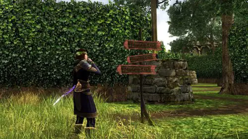 One of my LOTRO Characters Inside the Spring Festival Hedge Maze, pondering a signpost's so-called directions.