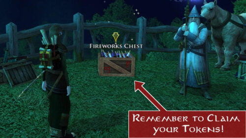 Claim your festivity tokens from the Fireworks Chest near Gandalf!