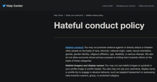 The top of Twitter's Hateful Conduct Policy