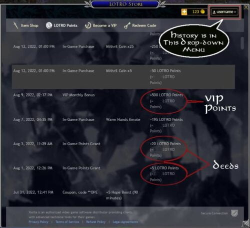 Your LOTRO Store Transaction history of LOTRO Points in and out.