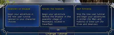 The updated Choose Your Tutorial / Starter Zone UI at Character Creation in LOTRO.