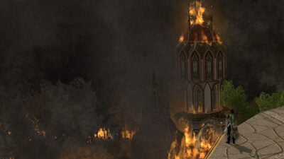The City aflame during the Skirmish: The Doom of Caras Celebren in LOTRO