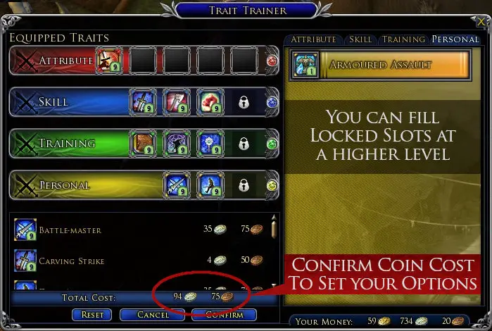 Trait Trainer Step 2: Fill the slots and pay the coin cost.