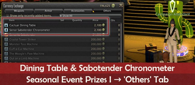 How to get the Cactuar Dining Table and Senor Sabotender Chronometer decorations in FFXIV Make It Rain Campaign Event.