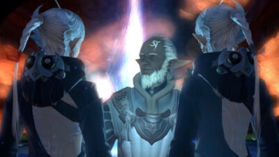 Alisaie and Alphinaud with Archon Louisoix during cutscenes from the Coils of Bahamut Raid story.