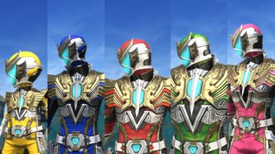 Showing the Phoenix Riser outfit pieces (helmet and chestpiece) dyed in Yellow, Blue, Red, Green and Pink.
